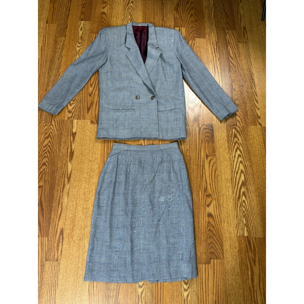 Vintage Michelle Stuart Size 4 Glen Plaid Skirt Suit Silk Blend Blazer Career